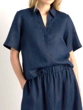 Quince 100% European Linen Short Sleeve Button Up Shirt Deep Navy S